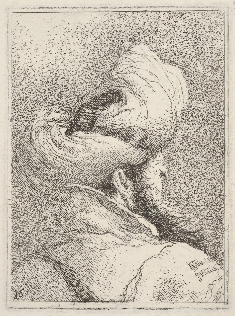 Turbánt viselő szakállas férfi, mellhosszában hátulról ábrázolva háromnegyed vi..., kb. 1770. alkotó: Giovanni Battista Tiepolo