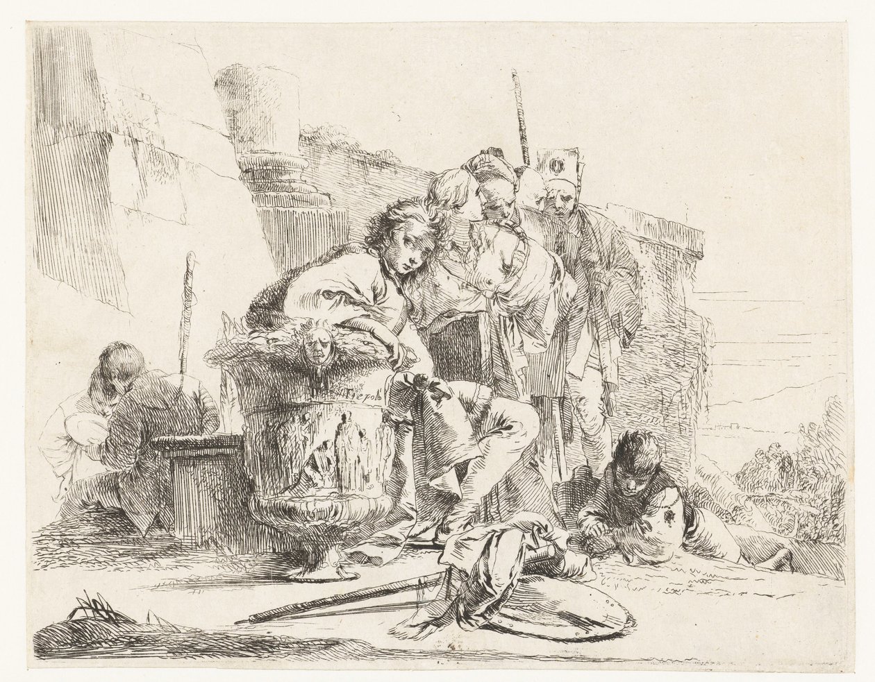 Fiú ül egy váza mellett néhány más emberrel alkotó: Giovanni Battista Tiepolo