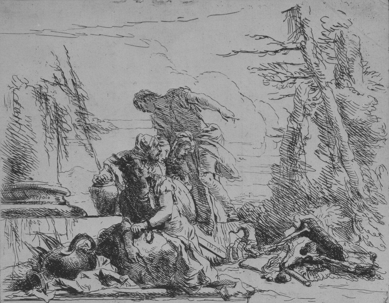 Leláncolt nő és más alakok egy csontpirosról, a Capricci-ból, 1743. alkotó: Giovanni Battista Tiepolo