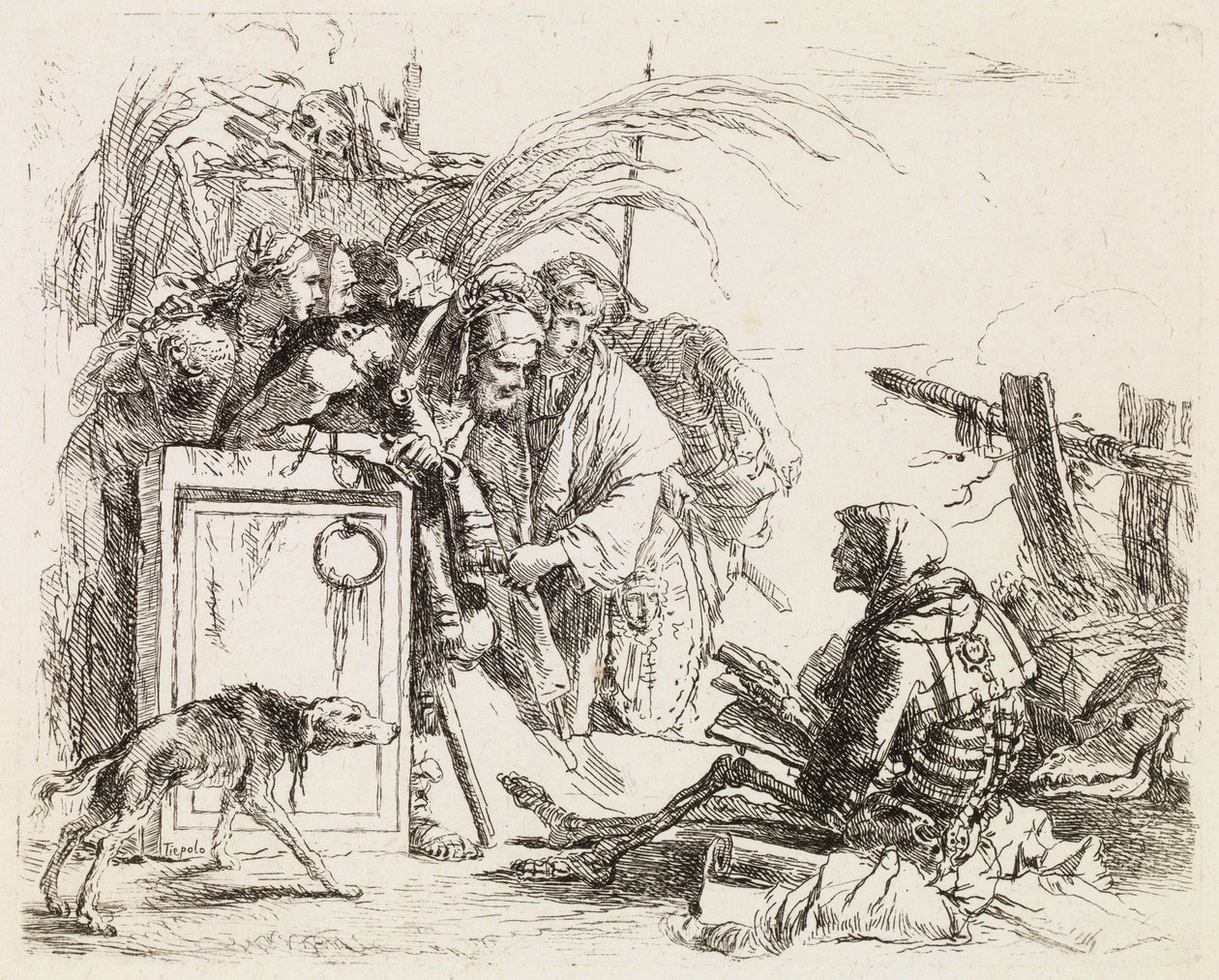A halál fogadja a közönséget, a Vari Capricci című műből alkotó: Giovanni Battista Tiepolo