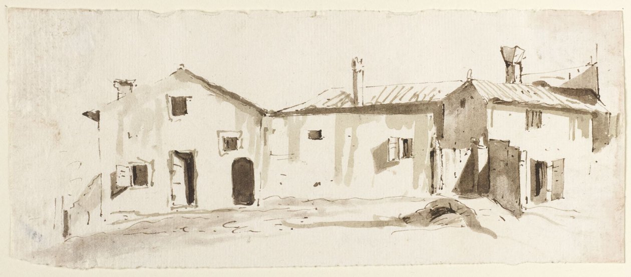 Nyitott ajtajú gazdasági épületek, híd és kapu alkotó: Giovanni Battista Tiepolo