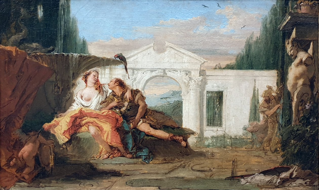 Németül:  Rinaldo und Armida im Zaubergarten Armidas, von Carlo und Ubaldo belauscht Rinaldo és Armida Armida varázskertjében, Carlo és Ubaldo által kihallgatva. alkotó: Giovanni Battista Tiepolo