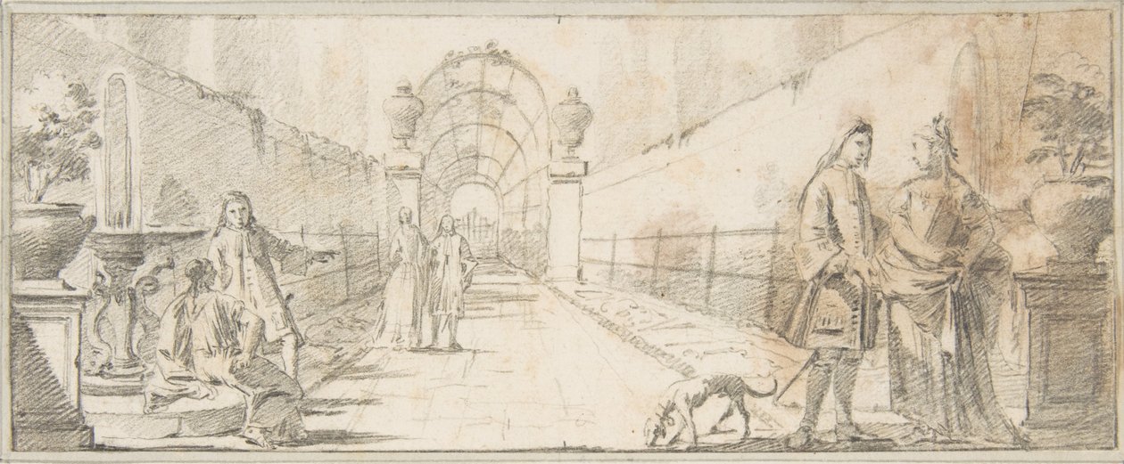 Könyvillusztráció:  Beszélgető alakok a kertben alkotó: Giovanni Battista Tiepolo