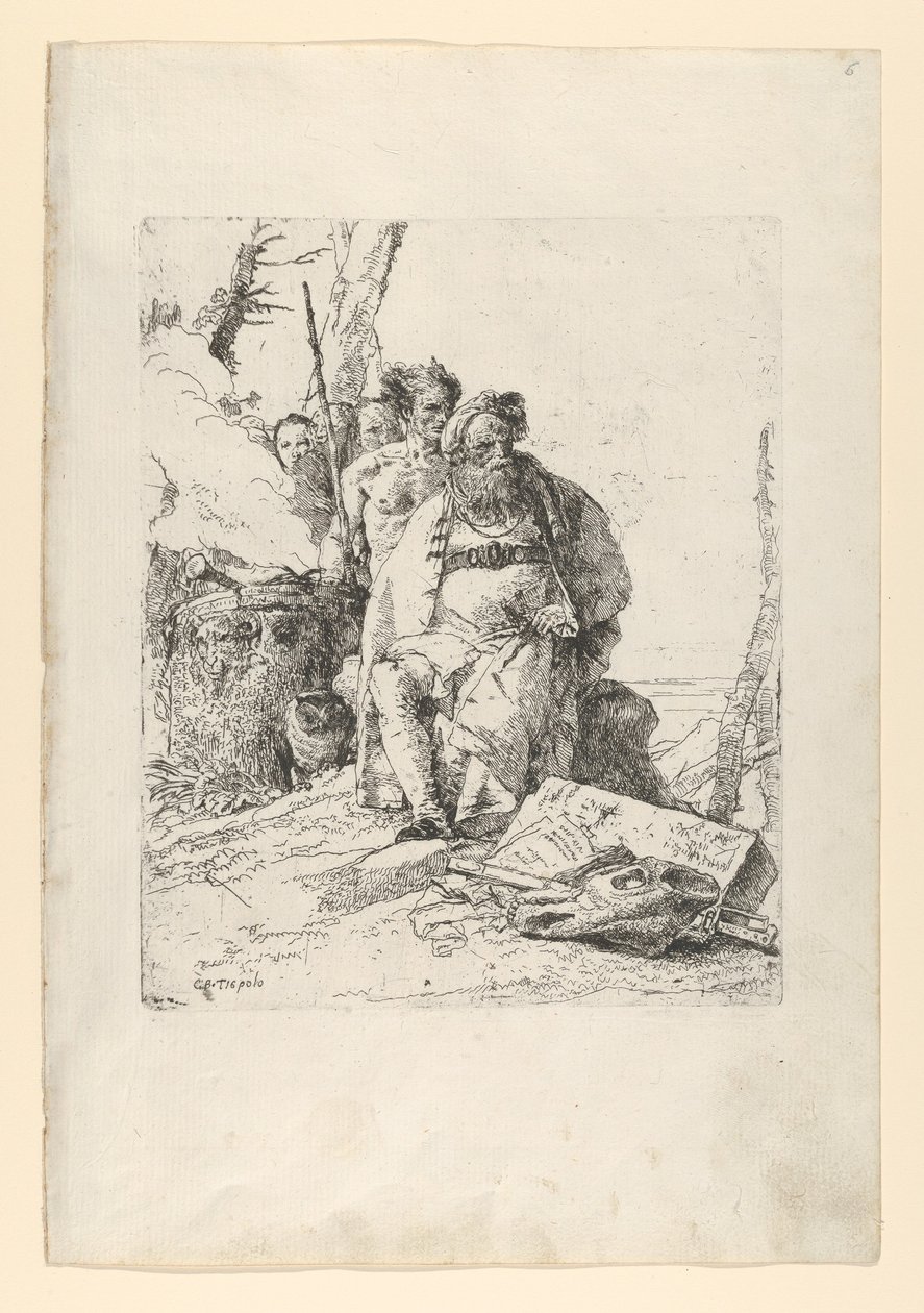 Mágus négy figurával egy füstölgő oltár mellett, a Scherziből, kb. 1743-52. alkotó: Giovanni Battista Tiepolo