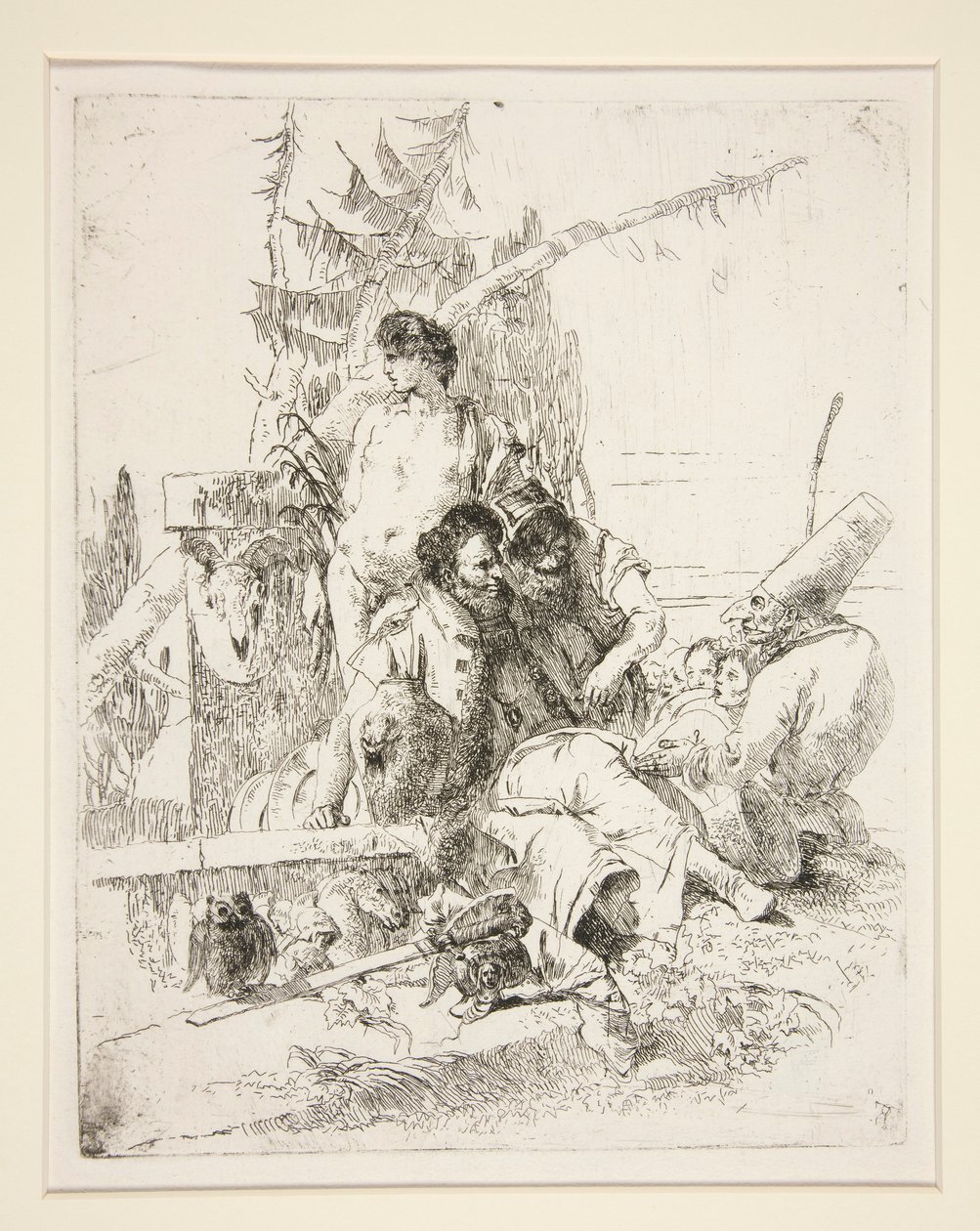 Punchinello beszélget a két varázslóval, a Scherzi di Fantasia című sorozatból alkotó: Giovanni Battista Tiepolo