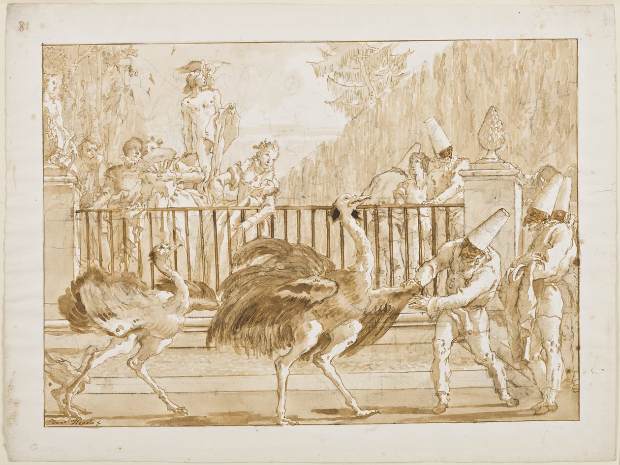 Punchinello a struccokkal, 1800 körül (toll és világosbarna tinta (valószínűleg bisztre) és ecsetmosás fekete krétával, fektetett papíron) alkotó: Giovanni Battista Tiepolo