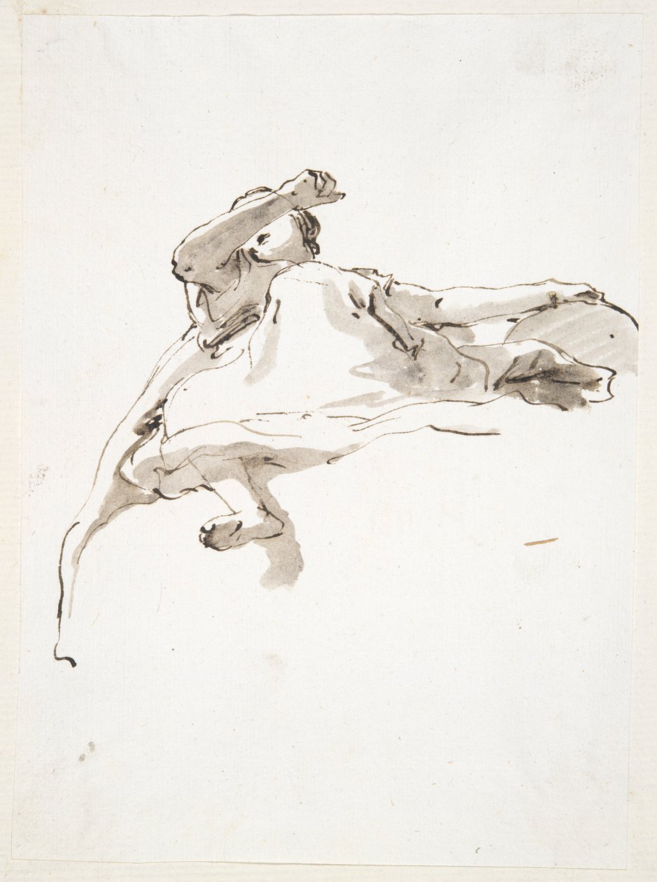 Fekvő női alak, bal kéz a földgömbön nyugszik, jobb kar az arc elé emelve, alulról nézve alkotó: Giovanni Battista Tiepolo
