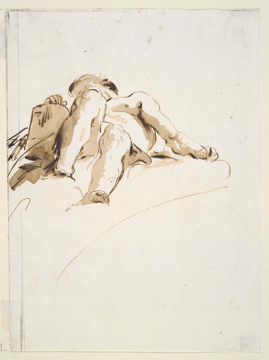Fekvő férfi akt, jobb kézzel egy kőtáblán, alulról nézve alkotó: Giovanni Battista Tiepolo