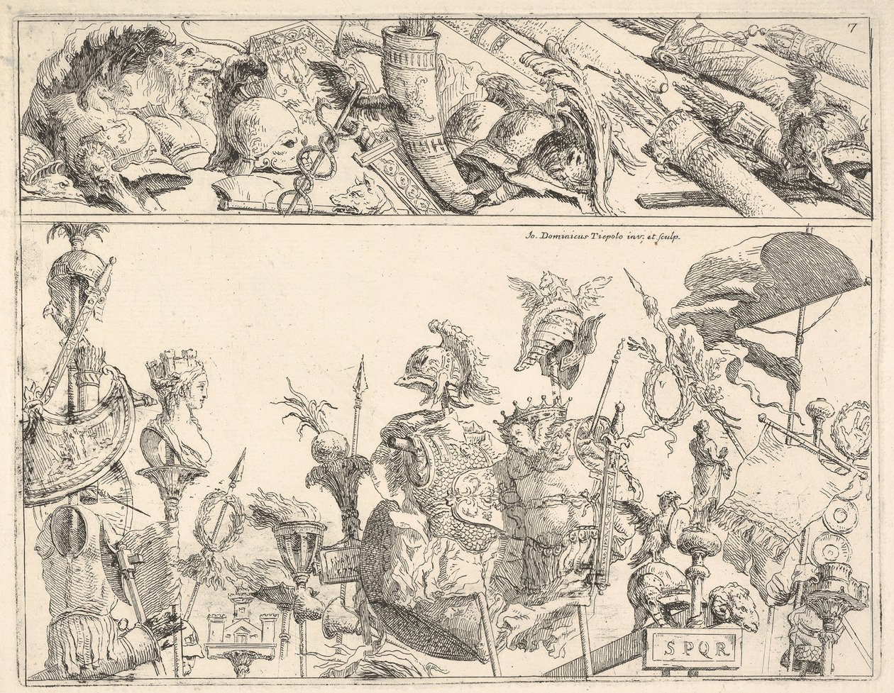 Római fegyverek, szabványok és trófeák, két vízszintes sávra osztott kompozíció, 1774. alkotó: Giovanni Battista Tiepolo