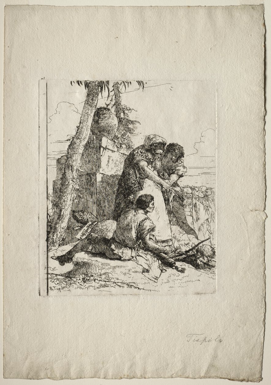 Scherzi di Fantasia: Bűvész, aki égő fejre mutat két fiatalnak alkotó: Giovanni Battista Tiepolo