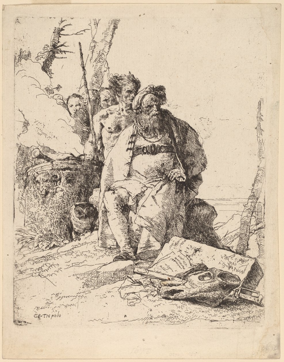 Ülő bűvész más figurákkal az oltár mellett alkotó: Giovanni Battista Tiepolo