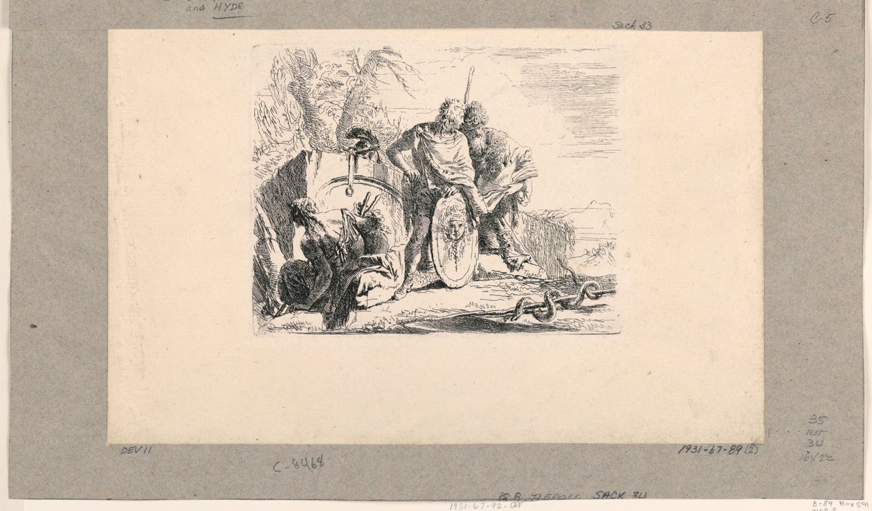 Ülő nő, fiatal katona és mágus, a Vari Capricciból alkotó: Giovanni Battista Tiepolo