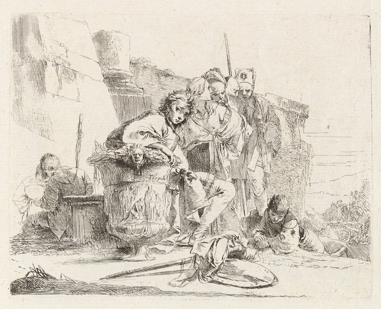 Ülő fiatalok urnának támaszkodva, Vari capricci (Különféle Capriccios) alkotó: Giovanni Battista Tiepolo