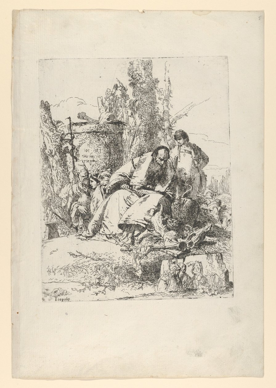 Ülő bűvész, fiú és négy figura a Scherzi di Fantasia-ból, kb. 1743-50. alkotó: Giovanni Battista Tiepolo