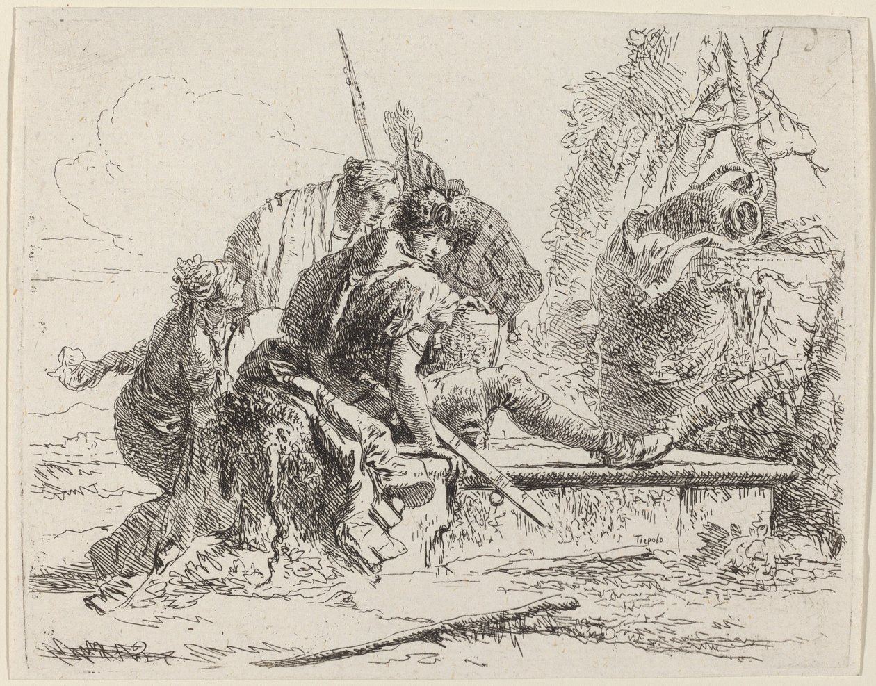 Katona ül egy síron, környező alakokkal alkotó: Giovanni Battista Tiepolo