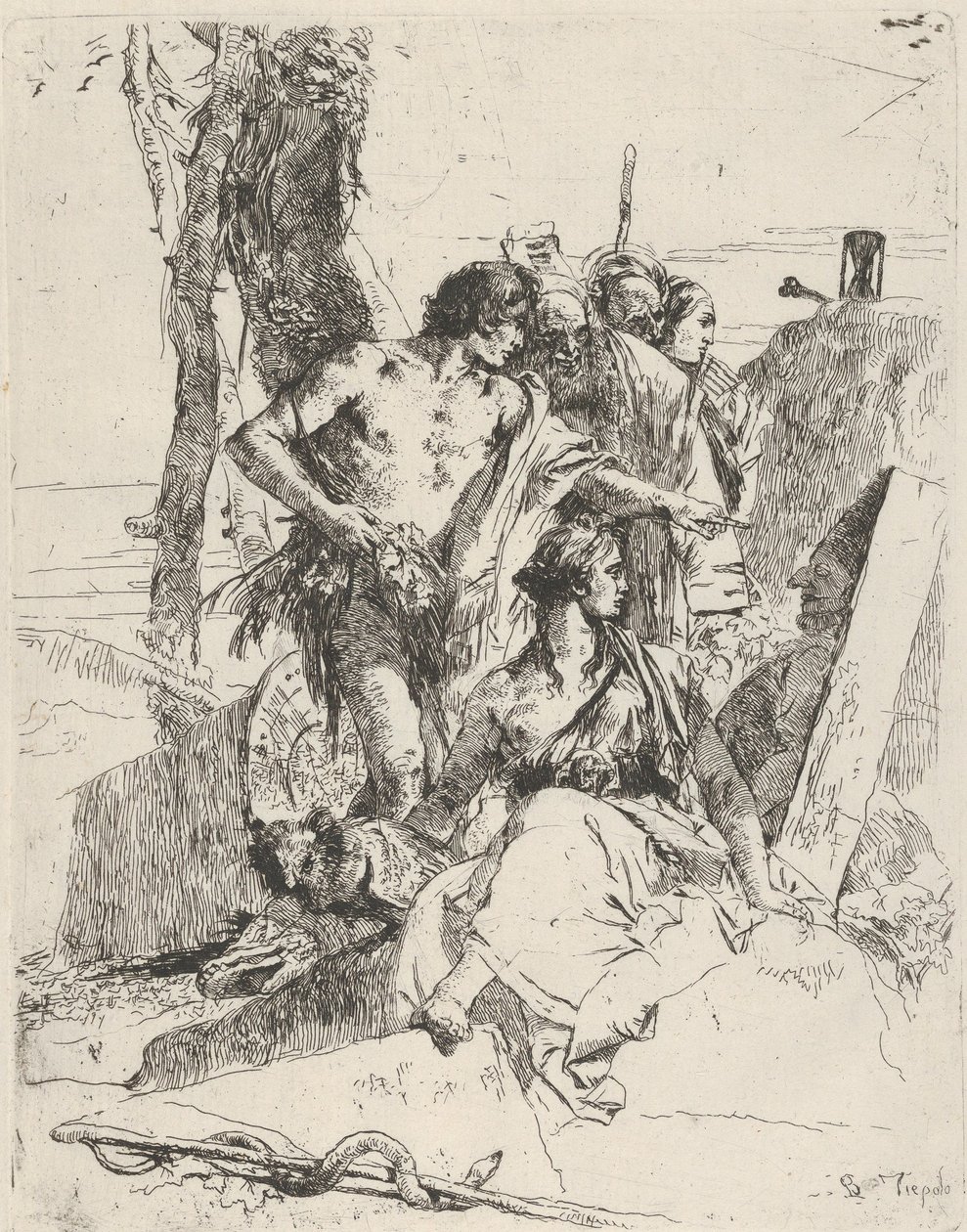 Punchinello sírjának felfedezése a Scherziből, kb. 1743-50. alkotó: Giovanni Battista Tiepolo
