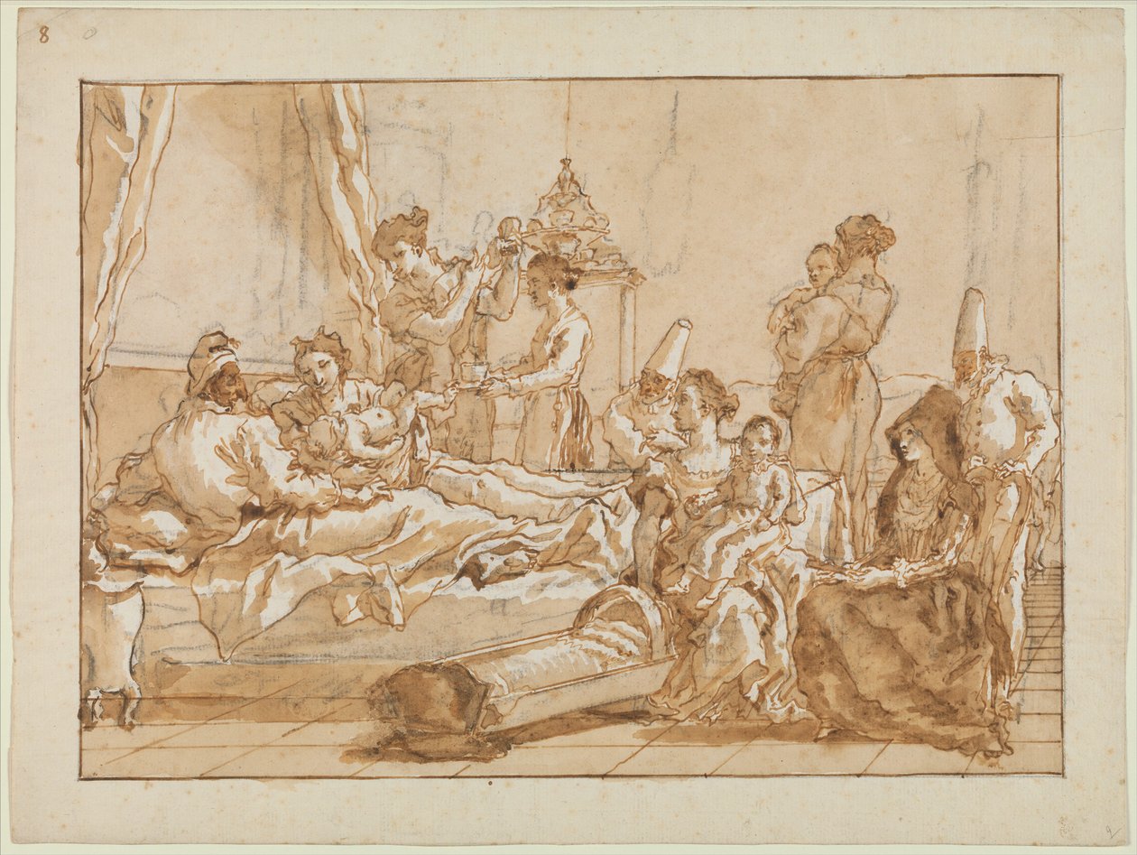 A csecsemő Punchinello az ágyban a szüleivel, 1800 körül alkotó: Giovanni Battista Tiepolo