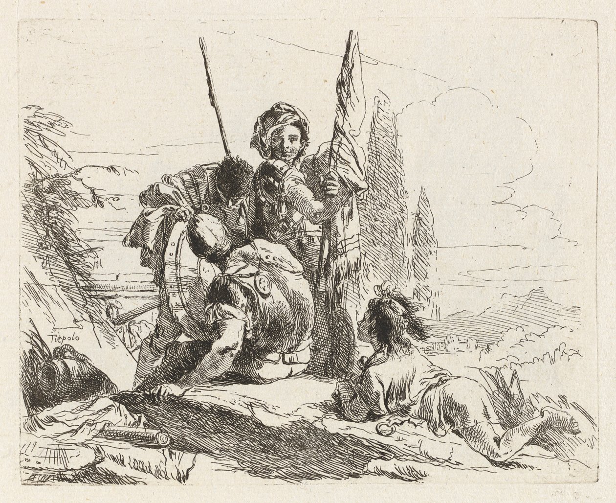 Három katona és egy fiú, a Vari capricciból (Különféle Capriccios) alkotó: Giovanni Battista Tiepolo
