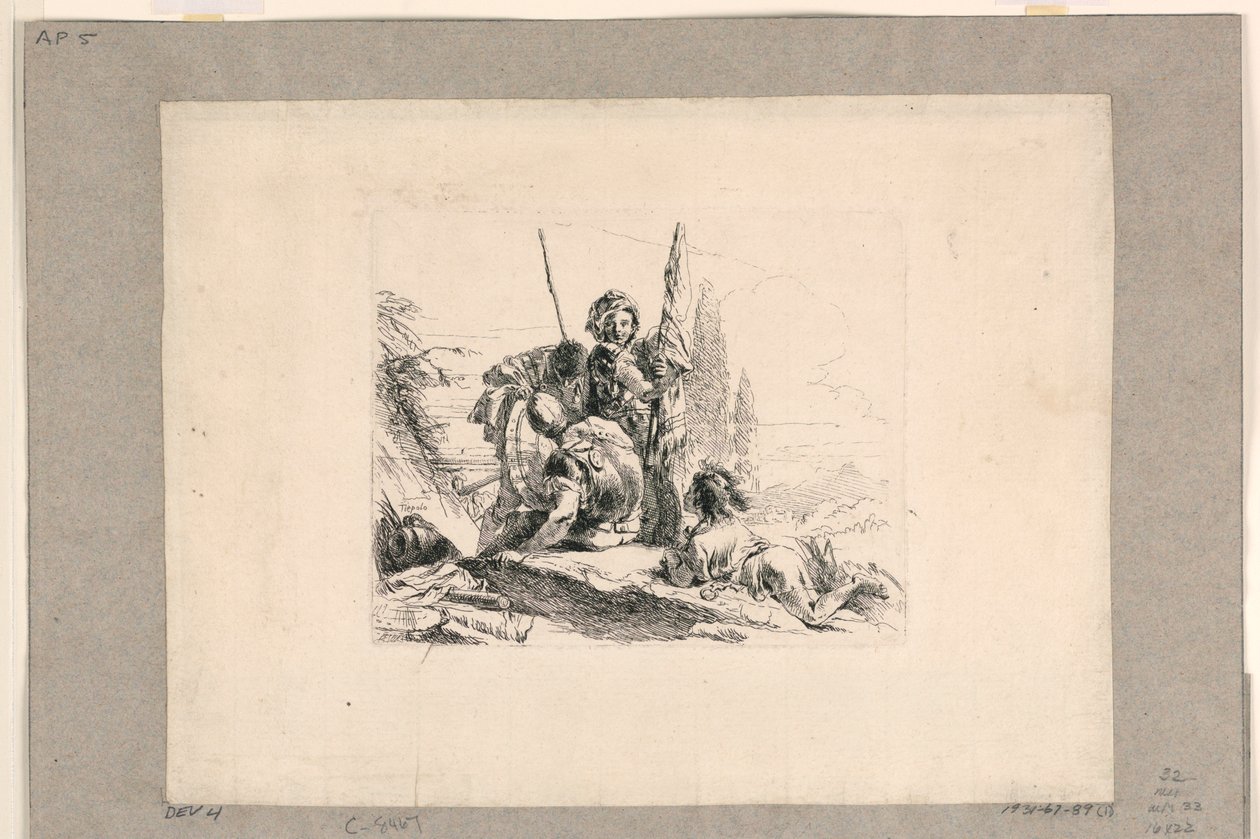 Három katona és egy fiú, a Vari Capricciból alkotó: Giovanni Battista Tiepolo