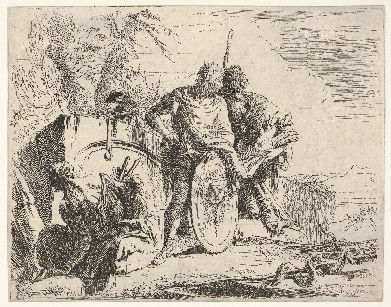 Három figura és egy bot köré tekergő kígyó, tájjal körülvéve, a ce..., XVIII. alkotó: Giovanni Battista Tiepolo