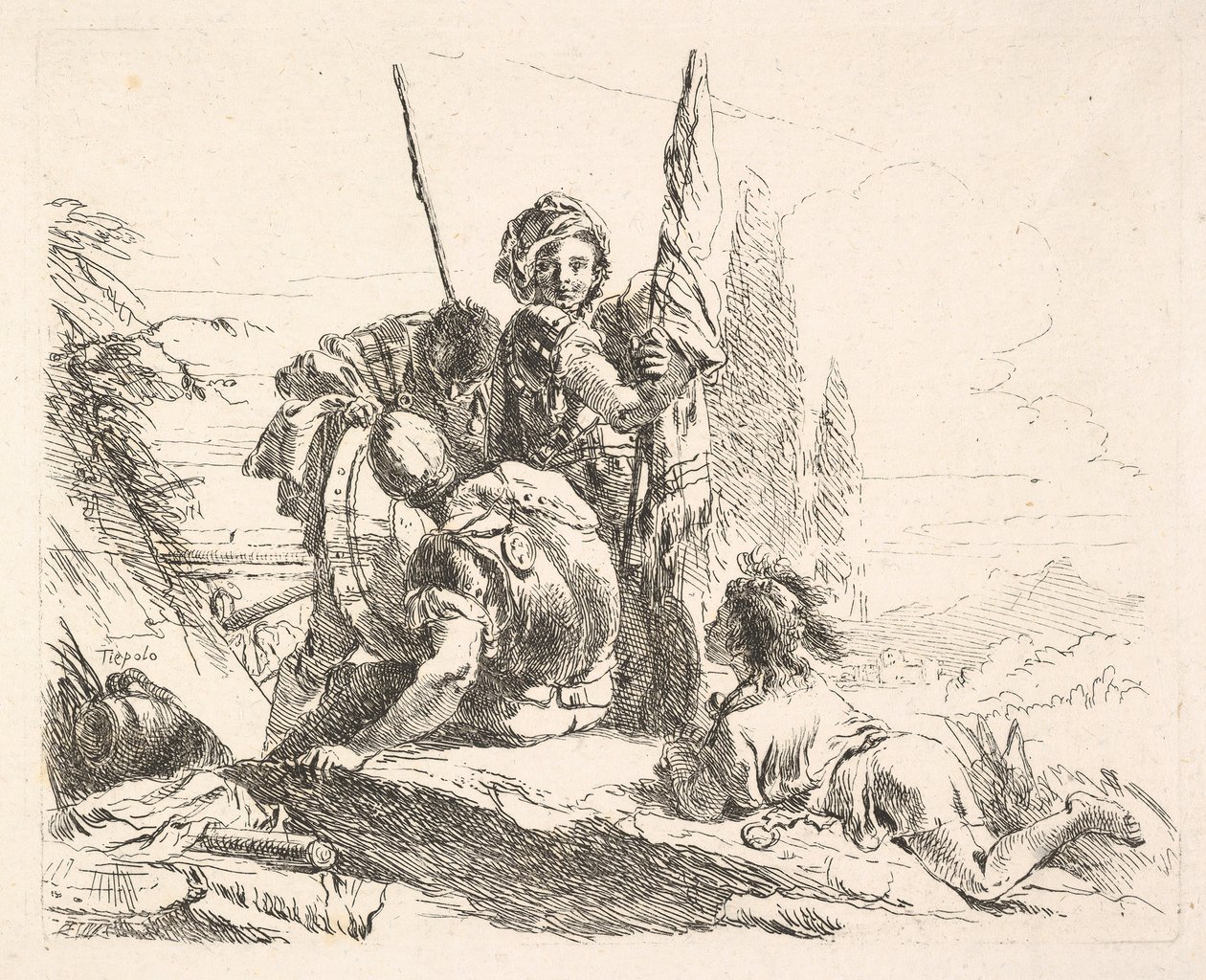 Három katona és egy fiatal hason fekszik egy tájban, a katonák egy..., kb. 1740-42. alkotó: Giovanni Battista Tiepolo