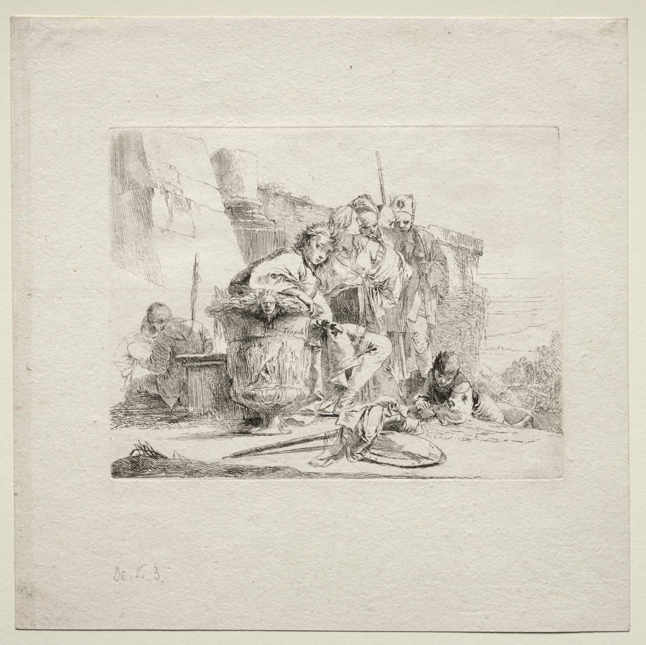 Különféle szeszélyek: A fiatalember ülve, urnának támaszkodva, 1785. alkotó: Giovanni Battista Tiepolo