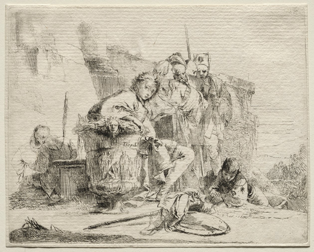 Különféle szeszélyek: Fiatal férfi ül, urnának támaszkodva alkotó: Giovanni Battista Tiepolo