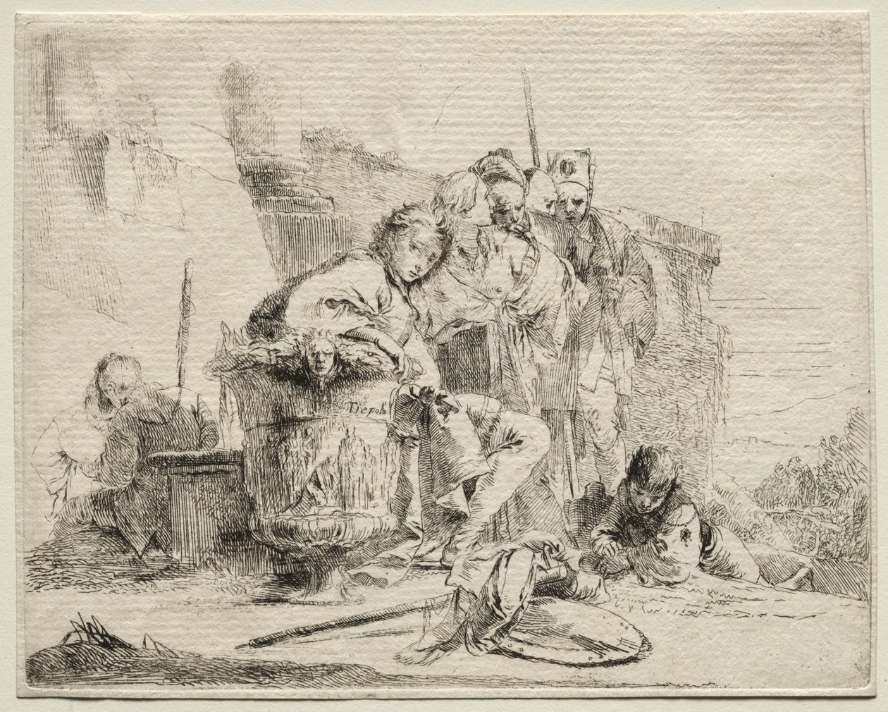 Különféle szeszélyek: Fiatal férfi ül, urnának támaszkodva. alkotó: Giovanni Battista Tiepolo