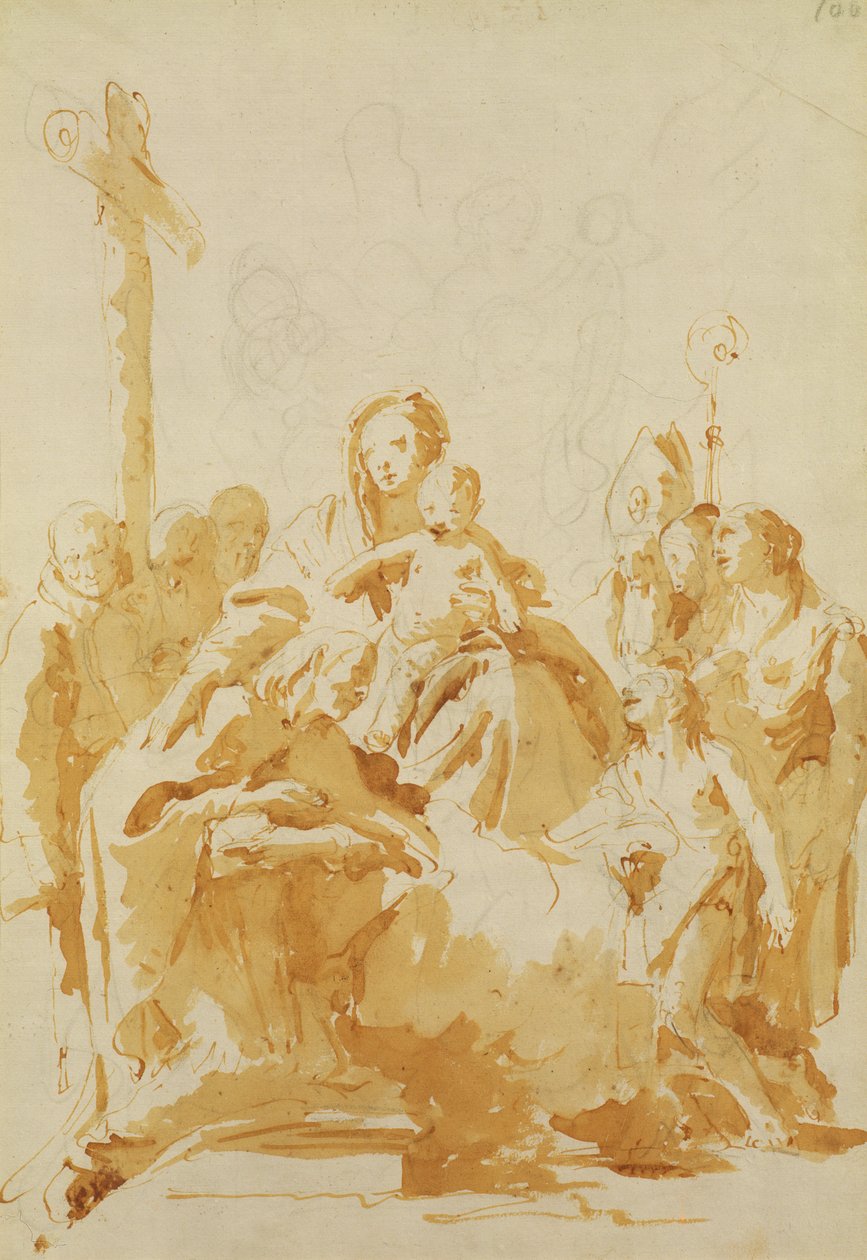 Püspökök, szerzetesek és nők által imádott Szűz és Gyermek, 1735-40 (toll és barna tinta, fekete krétával, fektetett papíron) alkotó: Giovanni Battista Tiepolo