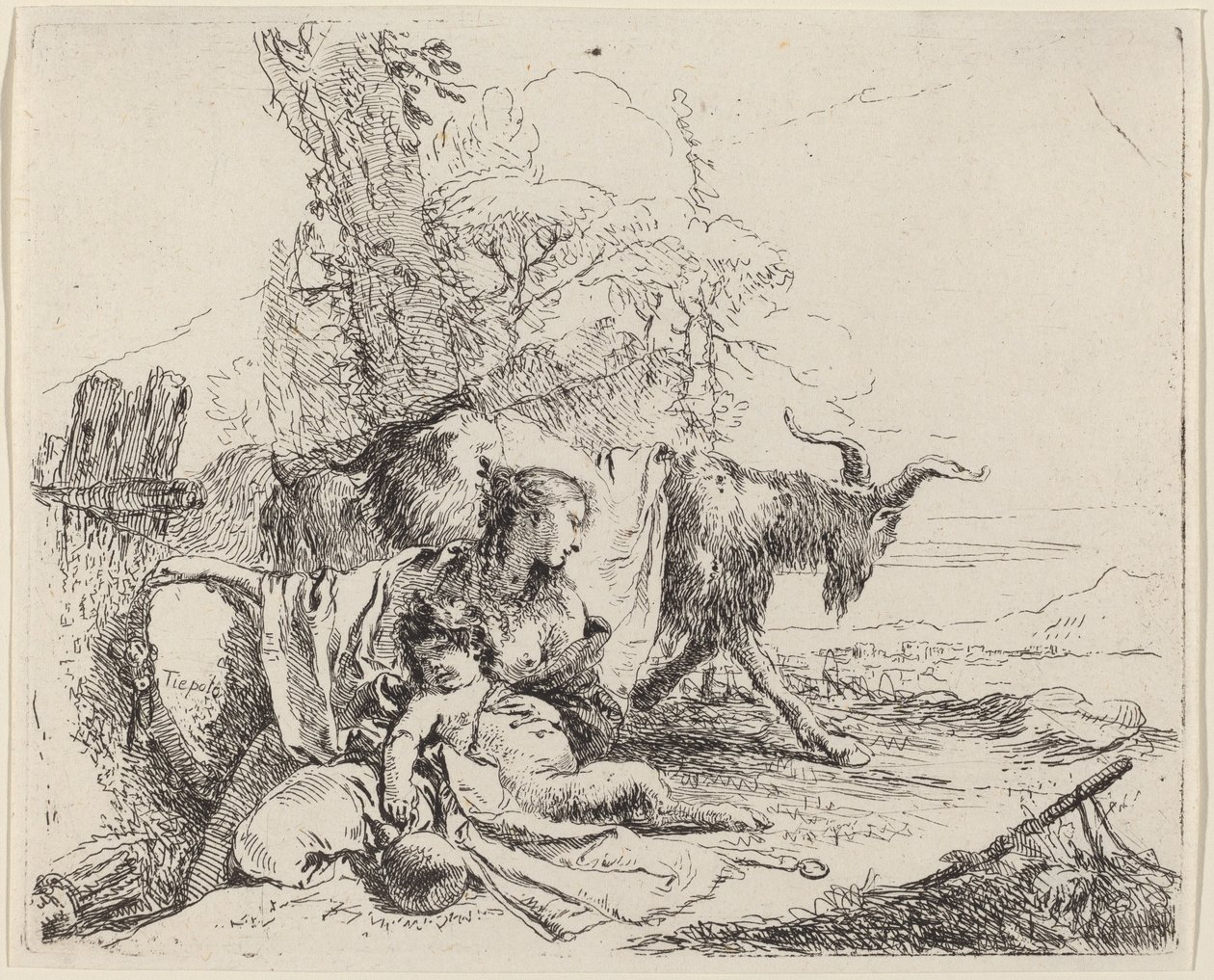 Nő, szatír gyermek és kecske egy tájban alkotó: Giovanni Battista Tiepolo