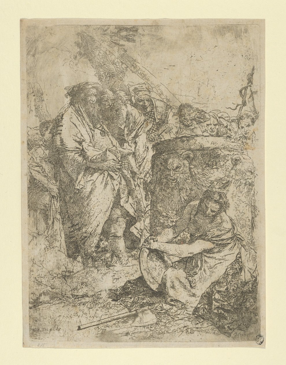 Bűvészek és más figurák előtt térdelő nő a Scherziből, kb. 1740. alkotó: Giovanni Battista Tiepolo