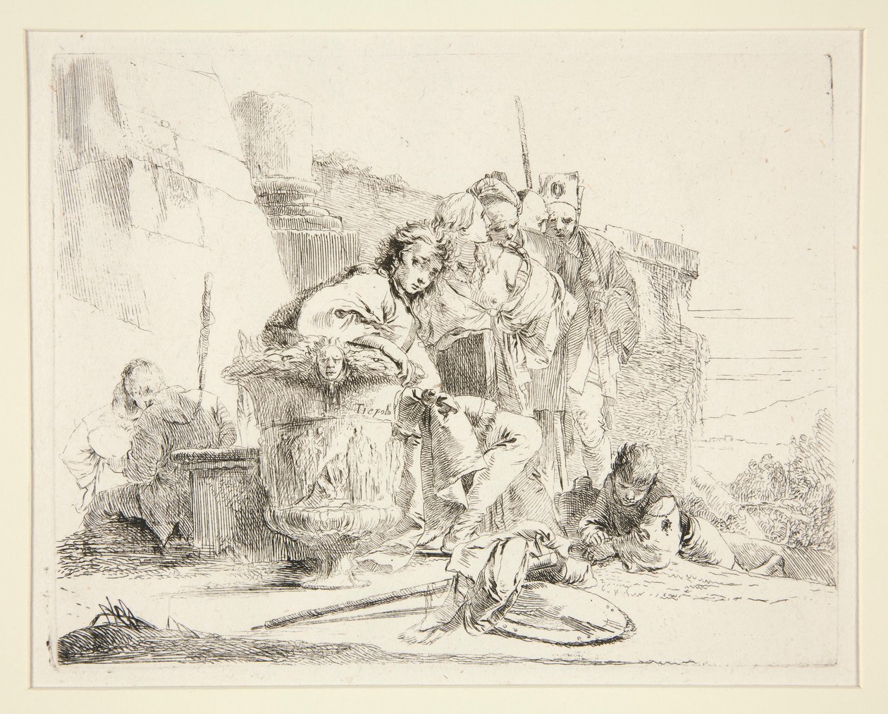 Fiatal férfi ülve és urnára támaszkodva, a Vari Capricci sorozatból alkotó: Giovanni Battista Tiepolo