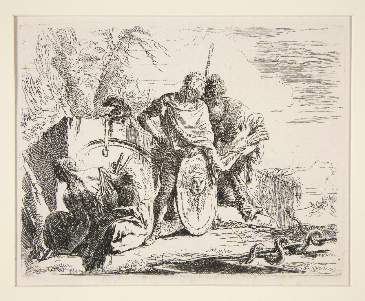 Fiatal katona filozófussal és ülő nővel, a Vari Capricci sorozatból alkotó: Giovanni Battista Tiepolo