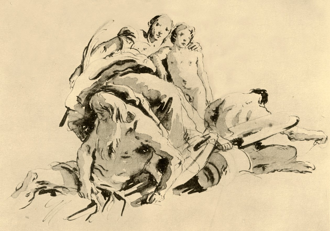 Fiatal nő fiúval, folyóistennel és szatírral, 18. század közepe, 1928 alkotó: Giovanni Battista Tiepolo