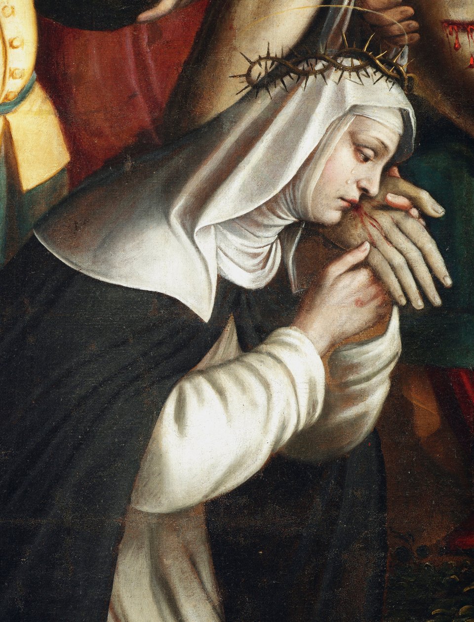 La deposition Részlet ábrázoló Szent Katalin Sienai - (A lerakódás részlete a Szent Katalin Sienai) Giovanni Battista Secco dit il Caravaggino festménye (aktív 1572-1625) 1616 Santa Corona kápolna, Basilica di Santa Maria delle Grazi alkotó: Giovanni Battista called Caravaggino Secco