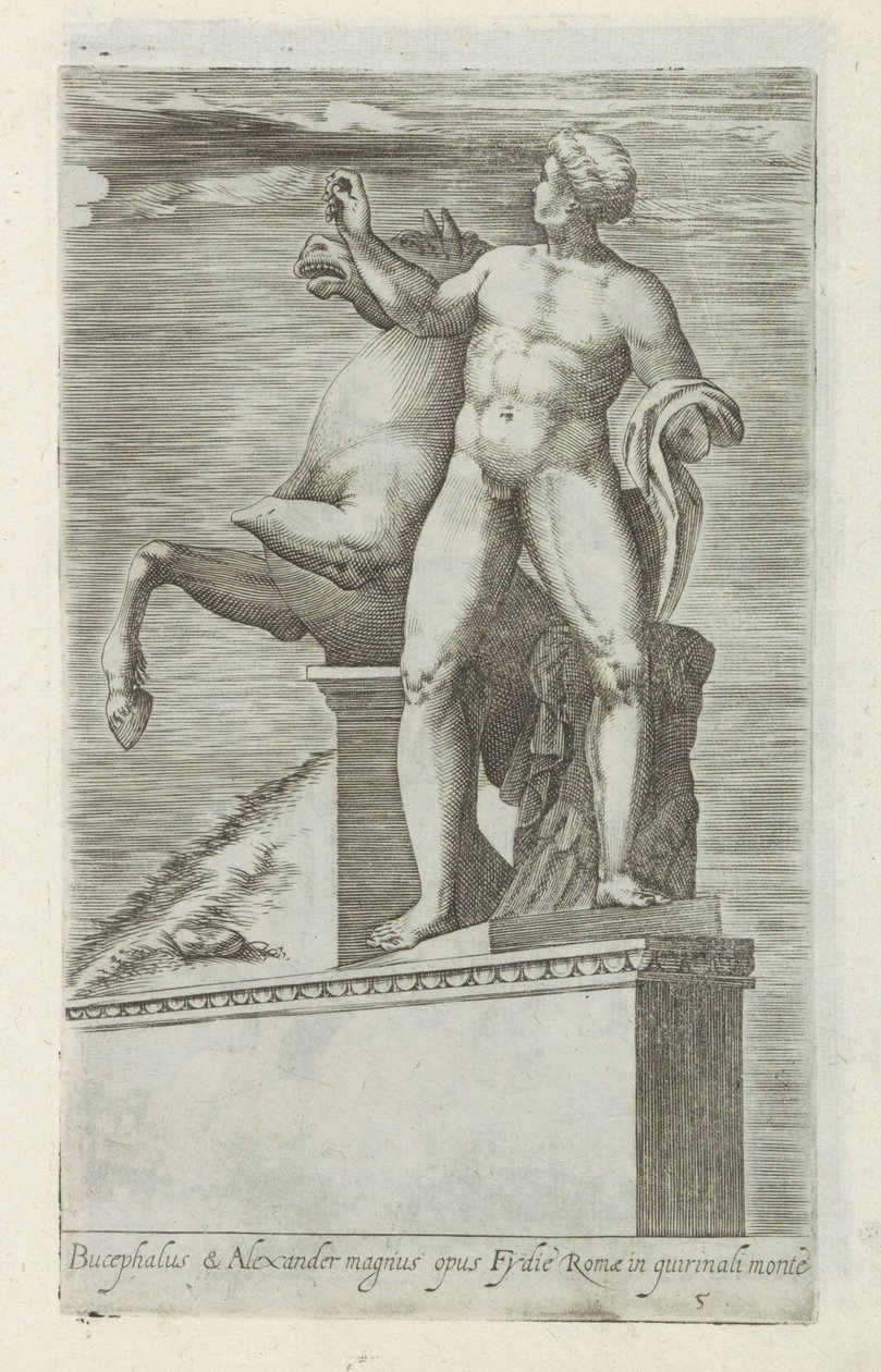 Sculptuur van een van de Dioscuren a Quirinaal te Rómában Bucephalus és Alexander nagy alkotás (...) (cím a tárgyon) Antik szobrok Rómában (sorozat címe) Róma város ókori szobrainak ikonjai, amelyek nyilvános helyeken láthatók (sorozat címe) alkotó: Giovanni Battista de