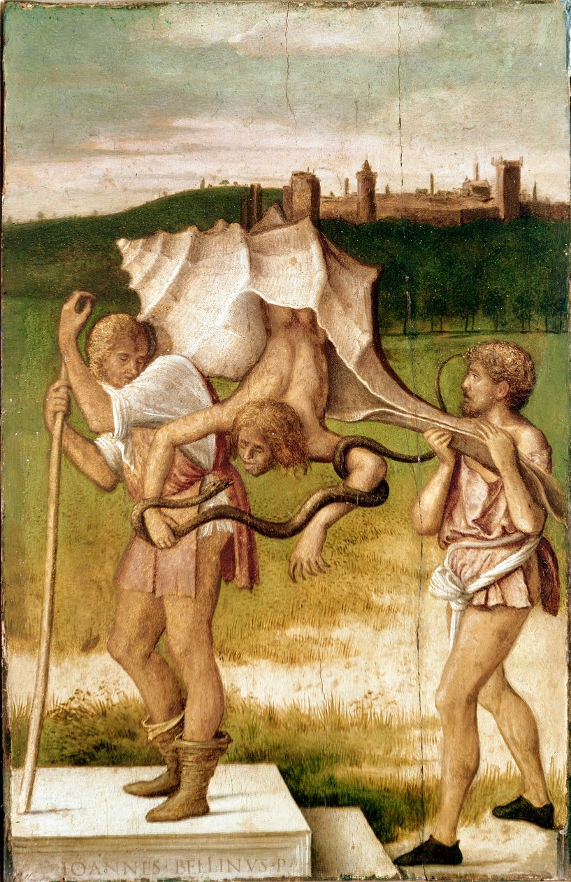 A mediánsság vagy az irigység allegóriája Óriási kagyló karaktere, kígyó a karja körül, Giovanni Bellini fafestménye dit Giambellino (1425/1433-1516) 1480-1490 Velence, Gallerie dell