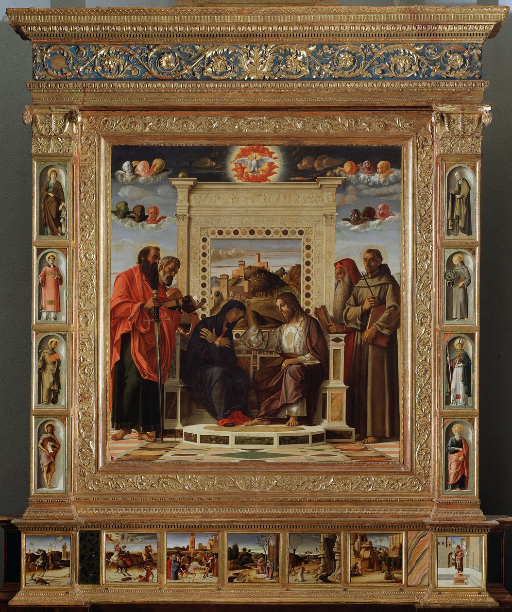 Bellini oltár: központi rész „” Szűz megkoronázása Szent Péter és Szent Pál (balra) és Szent Jeromos és Assisi Szent Ferenc (jobbra) között”” Giovanni Bellini (1432-1516 körül) olajfestménye és rempje – mondta il Giambellino. 1475 kb. Su alkotó: Giovanni Bellini
