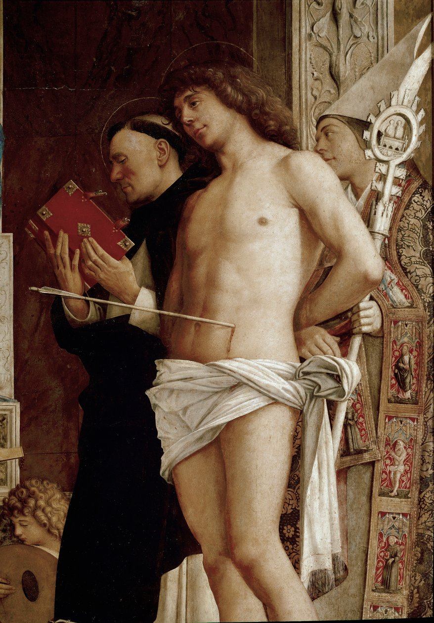 Szent Jób oltárképe: Szűz és gyermek hat szenttel és zenészekkel, angyalokkal. Részlet (tempera a panelen, kb. 1487) alkotó: Giovanni Bellini