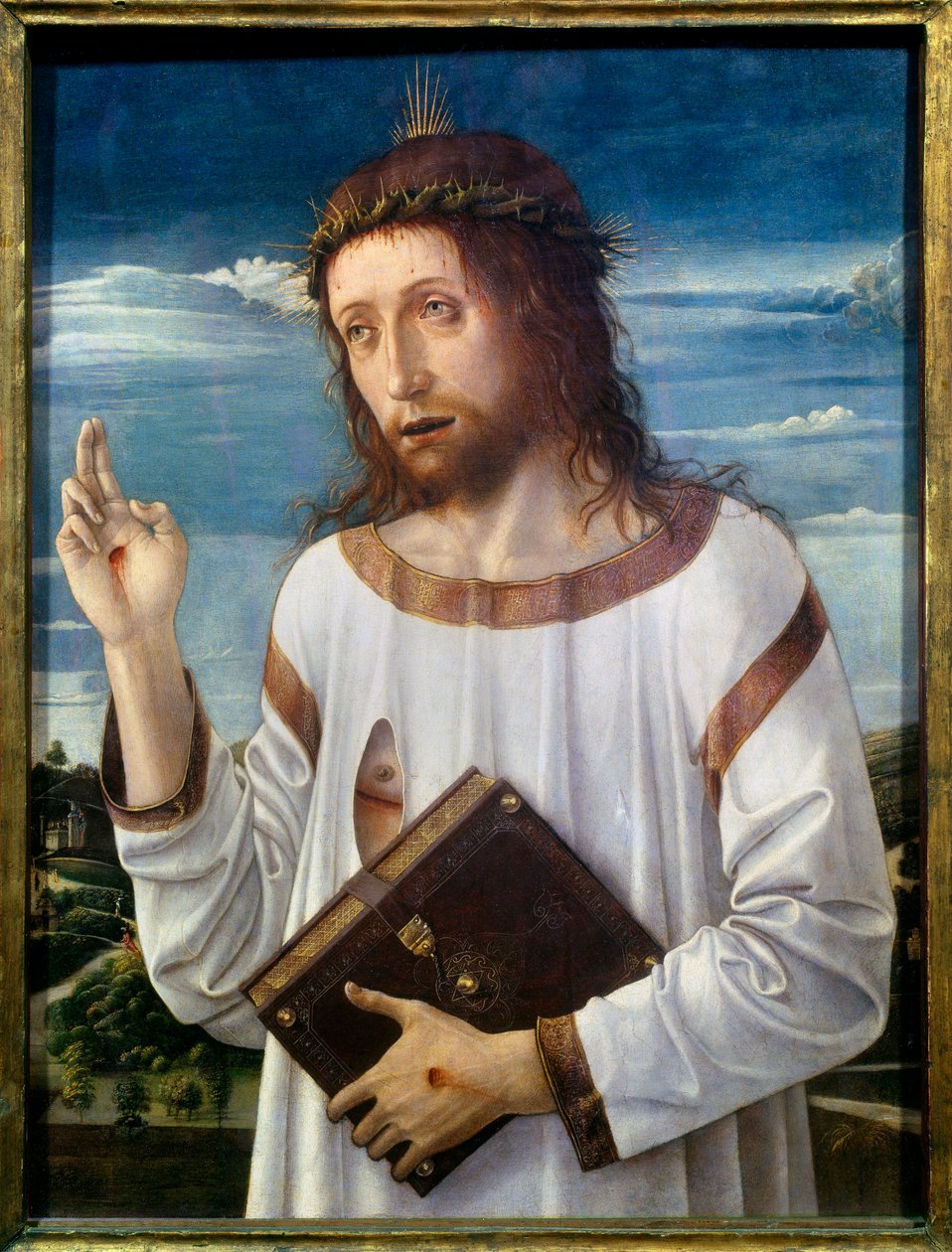 Giovanni Bellini dit il Giambellino (1430-1516) Krisztus pad festménye 1460 V.0,58x0,46 m - Krisztusi áldás. Giovanni Bellini festménye Giambellino (1430-1516) 1460. 0,58 x 0,46 m. Louvre Múzeum, Párizs alkotó: Giovanni Bellini