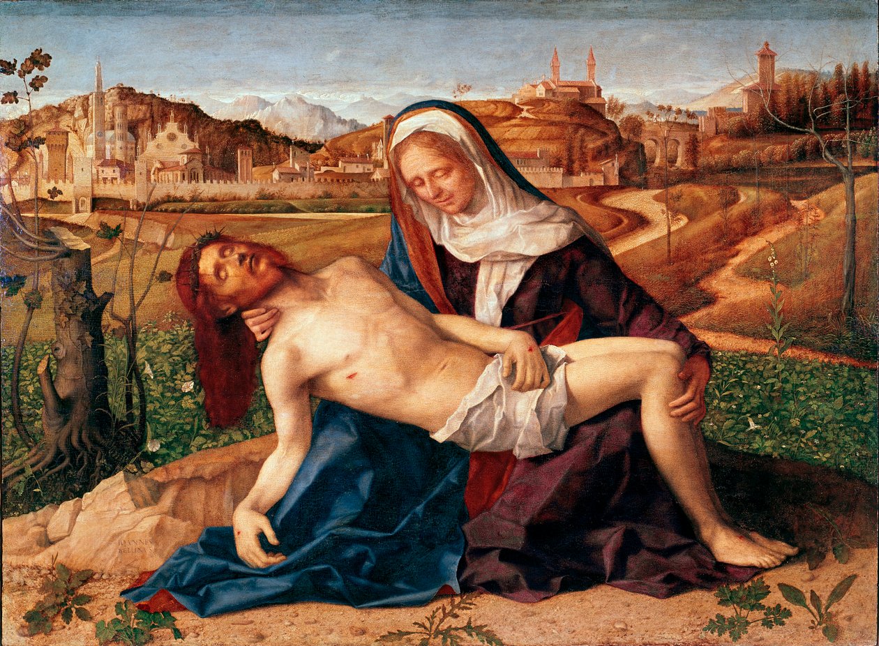 Krisztus a Szűz Pieta karjaiban halt meg. Giovanni Bellini festménye dit il Giambellino (1432 kb.-1516) 1505 Méret 65x90 cm. Velence, Accademia Galéria alkotó: Giovanni Bellini