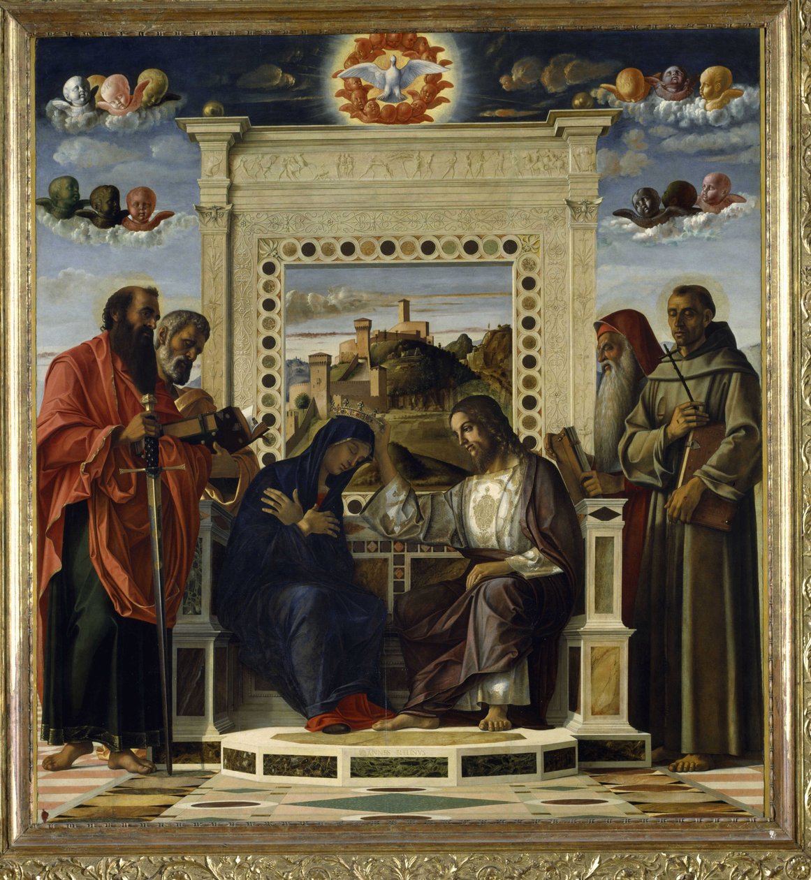 Szűz koronázása SS-szel. Pál, Péter, Jeromos és Assisi Ferenc jelenetekkel a szentek életéből a „Pala di Pesaro” oltárképként ismert predella-táblán, 1474 körül (olaj, tábla) (lásd még: 85578) alkotó: Giovanni Bellini