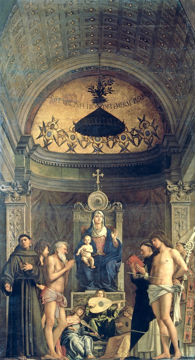 Madonna és a gyermek trónolt az SS között. Ferenc, Keresztelő János, Jób, Domonkos, Sebastian és Lajos (a San Giobbe-oltárkép) 1487 körül (részletekért lásd: 61101 és 276359) alkotó: Giovanni Bellini