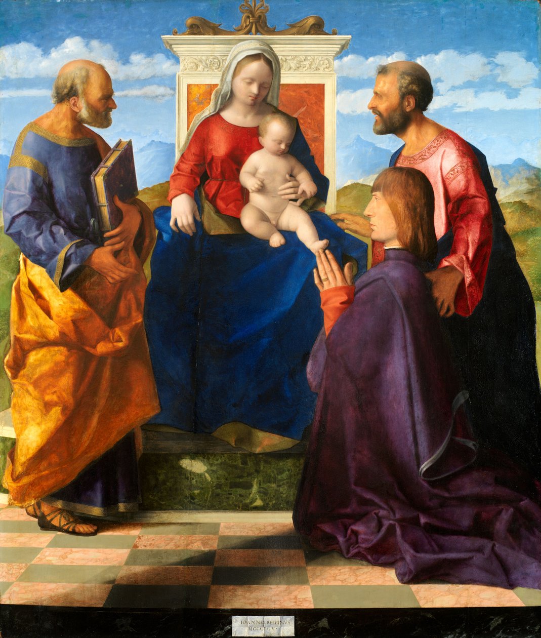 Madonna és a gyermek trónolt az SS-nél. Péter és Pál és egy adományozó, 1505 alkotó: Giovanni Bellini