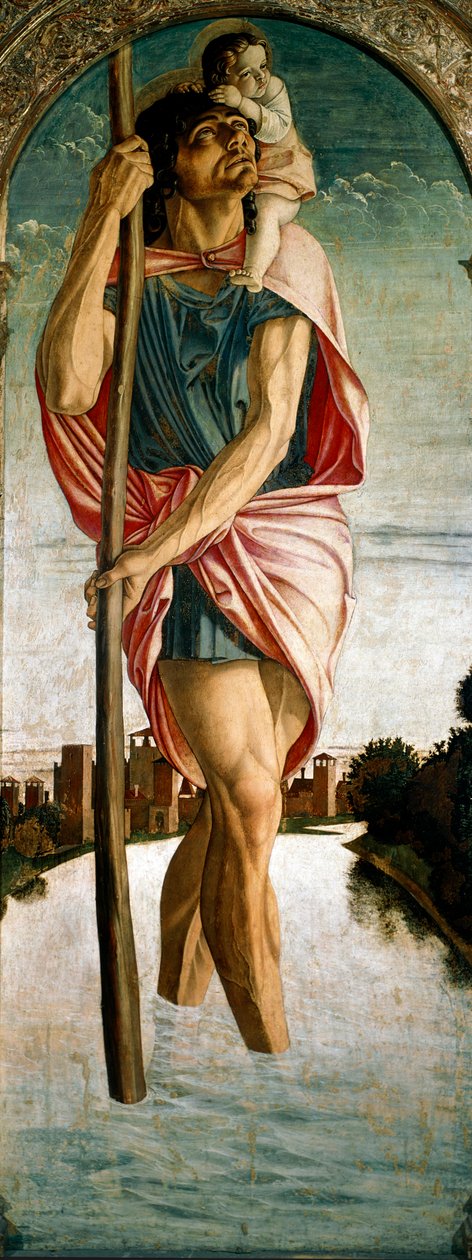 Saint Vincent Ferrier poliptikusa (Vicent Ferrer, Vicente Ferrer) (1350-1419): „” Szent Kristóf ””” Panel a bal oldalon. Giovanni Bellini (kb. 1432-1516) festménye fára, dit il Giambellino 1464-1468 V. 167x67 cm Velence, Santi Giovanni e P templom alkotó: Giovanni Bellini