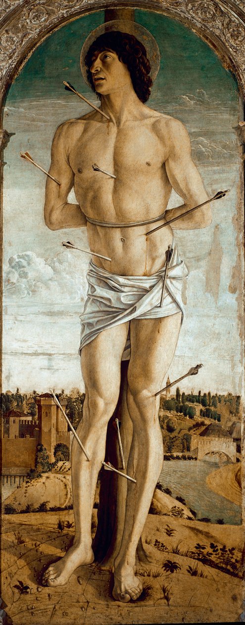 Saint Vincent Ferrier poliptichonja: Szent Sebestyén (Szent Vincent Ferrer poliptichona: Szent Sebestyén) Giovanni Bellini dit il Giambellino festménye (kb. 1432-1516) 1464-1468 Méret 167x67 cm Velencei Santi Giovanni e Paolo templom alkotó: Giovanni Bellini