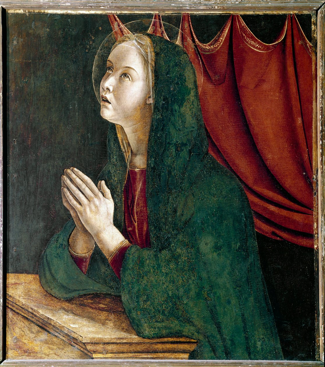 Saint Vincent Ferrier poliptichonja: Angyali üdvözlet szűz (Szent Vincent Ferrer poliptichona: Angyali üdvözlet szűz) Giovanni Bellini dit il Giambellino festménye (kb. 1432-1516) 1464-1468 Dim 72x67 cm Santi Paicevanni Gioloo-templom alkotó: Giovanni Bellini