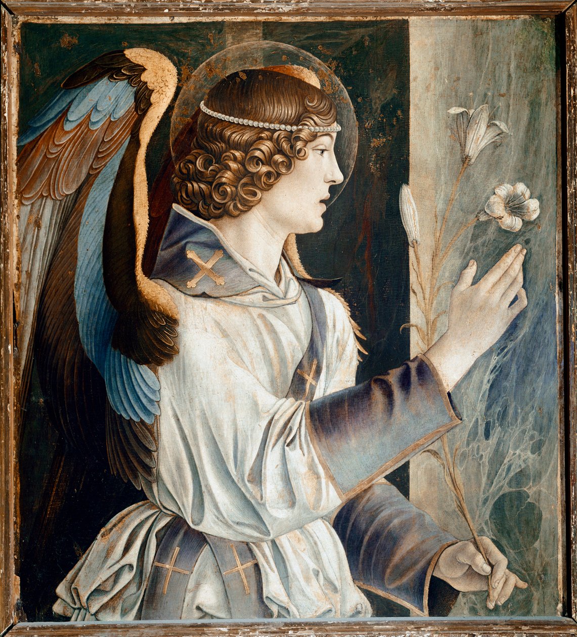 St Vincent Ferrier poliptichonja: Az Angyali üdvözlet angyala (Szent Vincent Ferrer poliptichona: Az Angyali üdvözlet angyala) Giovanni Bellini dit il Giambellino festménye (kb. 1432-1516) 1464-1468 Méret 72x67 cm Santi Gio Paolo Velencei templom alkotó: Giovanni Bellini