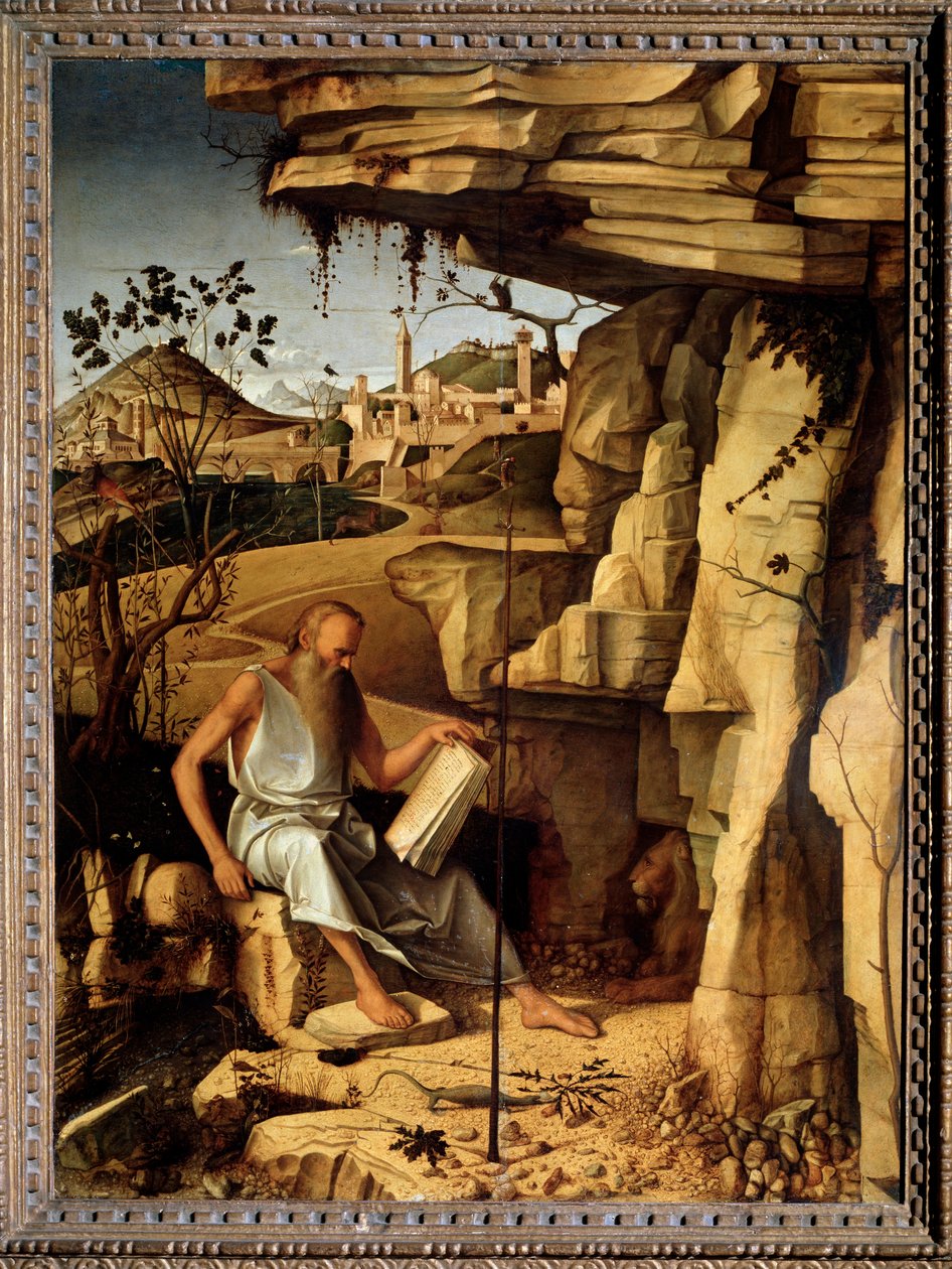 Szent Jeromos a sivatagban Giovanni Bellini festménye dit il Giambellino (kb. 1430-1516) 1479 Mérete 145x114 cm Palazzo Pitti Firenze alkotó: Giovanni Bellini