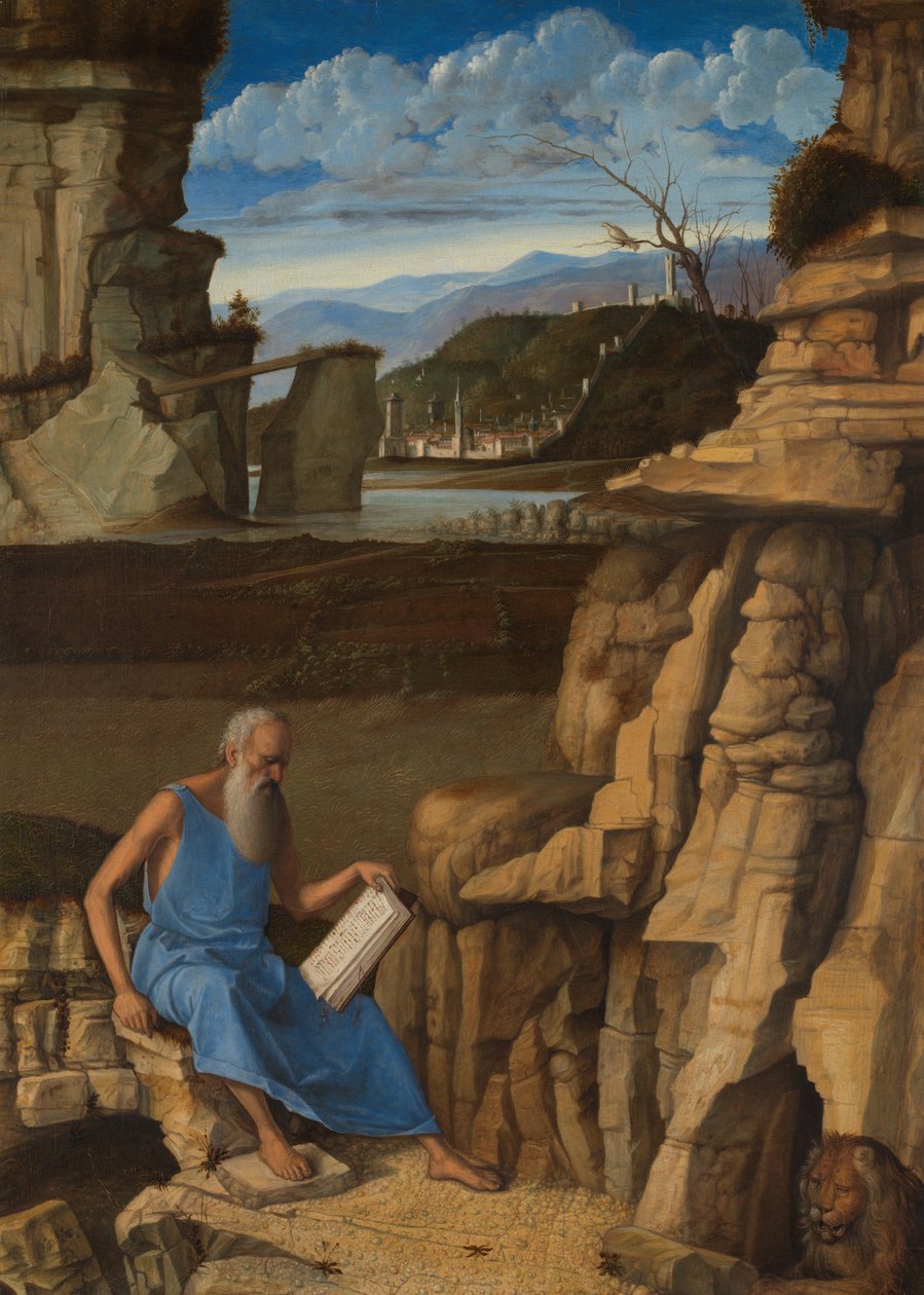 Tájképet olvasó Szent Jeromos, 1480-5 körül (olaj, fa) alkotó: Giovanni Bellini